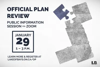 Official Plan Review Public Information Session. Date: January 29, 2025. Time: 1:00 to 3:00 p.m. Location: Online via Zoom