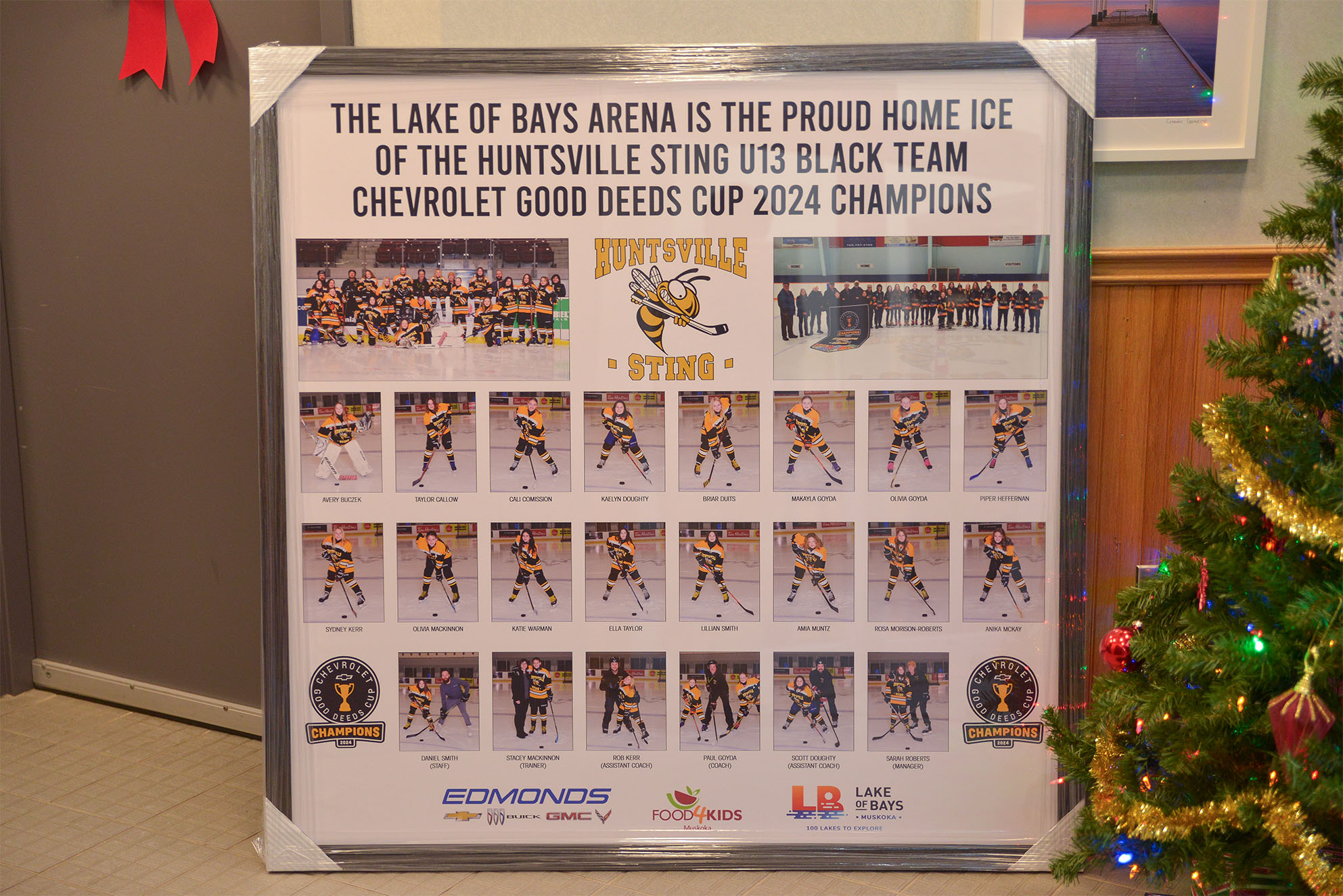 The unveiled display of the Huntsville Sting U13-Black hockey team, commemorating their victory in the Chevrolet Good Deeds Cup.