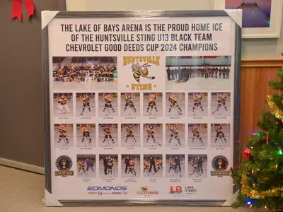 The unveiled display of the Huntsville Sting U13-Black hockey team, commemorating their victory in the Chevrolet Good Deeds Cup.