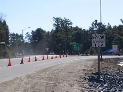 Entrance onto Hwy 35 from Hwy 60 with pylons controlling traffic