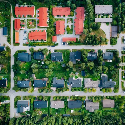 Aerial view of residential buildings