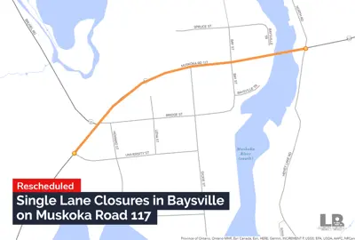 Single Lane Closures in Baysville on Muskoka Road 117 between University Street and North Road in Baysville 